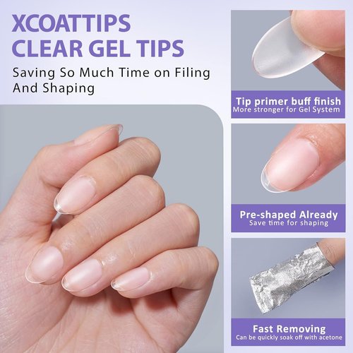Extra Short Almond Nail Tips - BTArtbox Clear Gel Nail Tips Natural with Tip Primer Cover, Pre-shaped Full Matte Oval Gel Press On Nails Clear Soft Fake Nails for Daily Nail Art