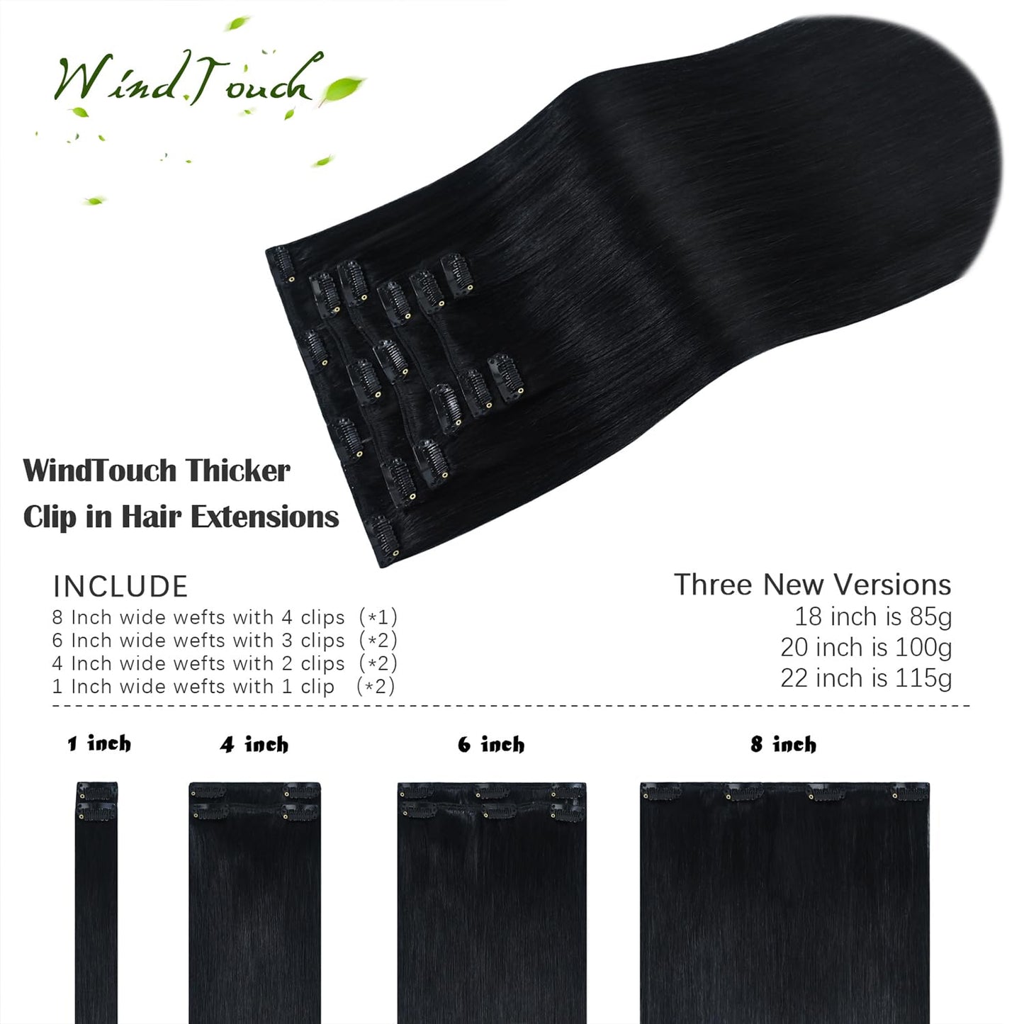 WindTouch Clip in Hair Extensions 100g Human Hair Extensions 7pcs 20inch #1 Jet Black Human Hair Extensions Clips Hair Extensions Real Human Hair