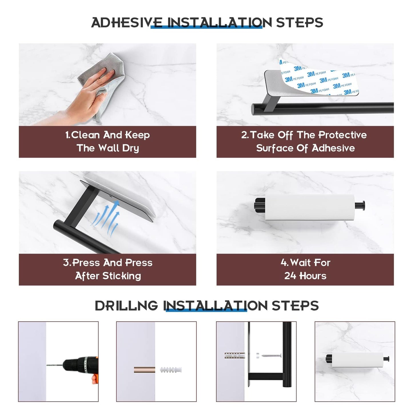 ASTOFLI Paper Towel Holder Under Cabinet No Drilling, Self Adhesive Paper Towel Holder Wall Mount for Kitchen Rack, Under Counter Napin Holder No Drill, 304 Stainless Steel Matte Black