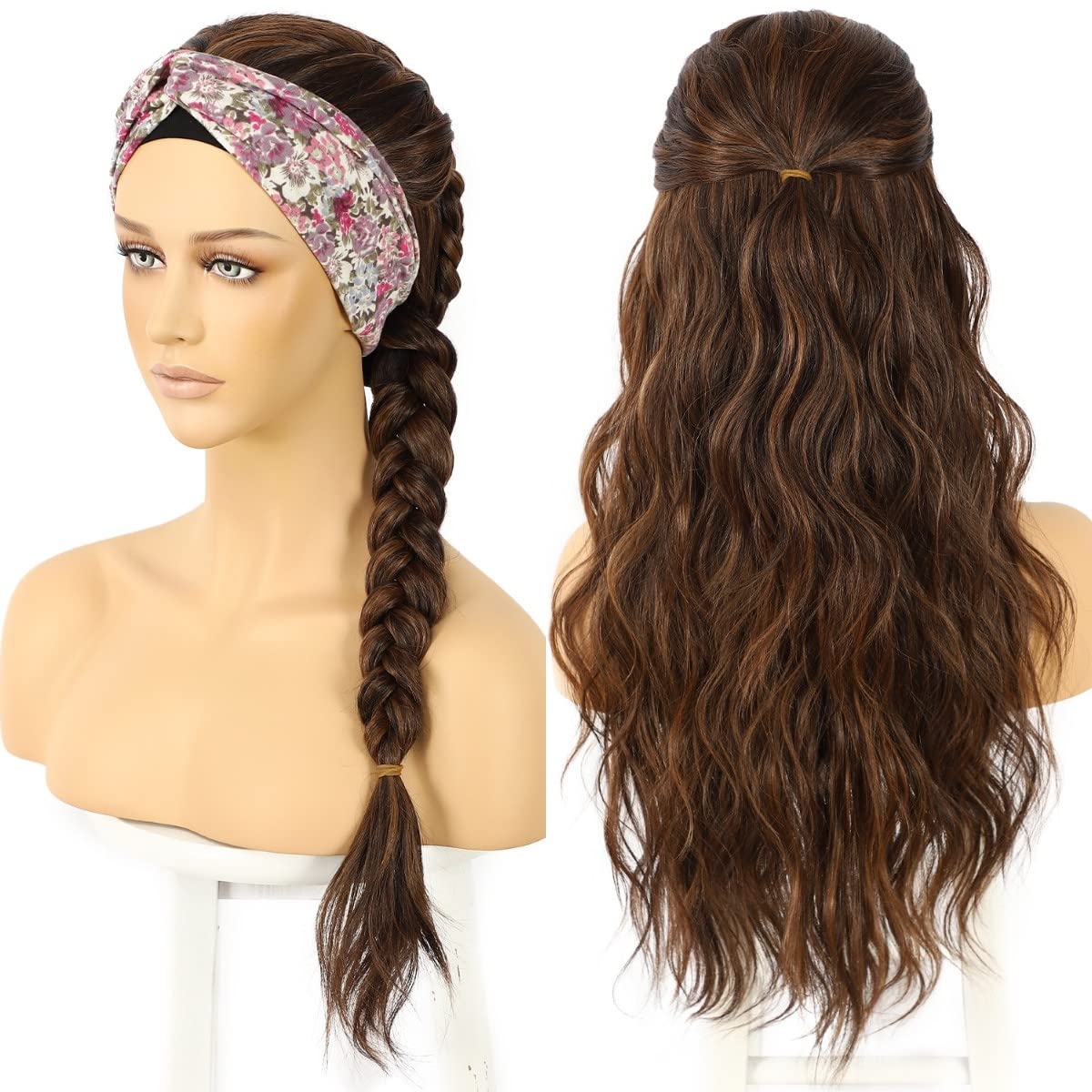 SAPPHIREWIGS Long Headband Wigs for Women Synthetic Headband Wig Natural Brown Highlight Color Loose Body Wavy Glueless Wigs with Headband Attached 150% Density 26 Inch