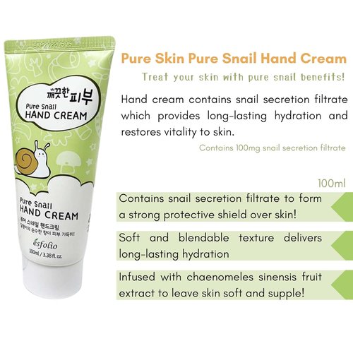 Esfolio Pure Skin Snail Hand Cream - Deep Moisturizing & Restoring Lotion with Snail Mucin | Non-Greasy, Fast Absorbing (3.38 OZ/100ML)