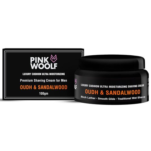 Pink Woolf Premium Shaving Cream for Men - Oudh & Sandalwood - Rich Lather for Smooth Shave - 3.5 oz