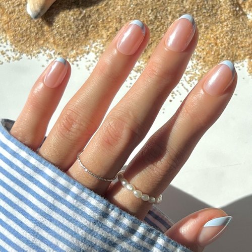 Glamnetic Press On Nails - Into Blue | Glazed Short Oval Fake Nails with Periwinkle French Tips, Salon Quality Summer Nails | 15 Sizes - 30 Nail Kit with Glue