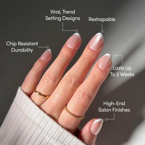 Glamnetic Press On Nails - Angelic Touch Spring Nails | Short Oval Fake Nails in a Delicate Nude Base with White French Tips and a Velvet Finish | 15 Sizes - 30 Nail Kit with Glue