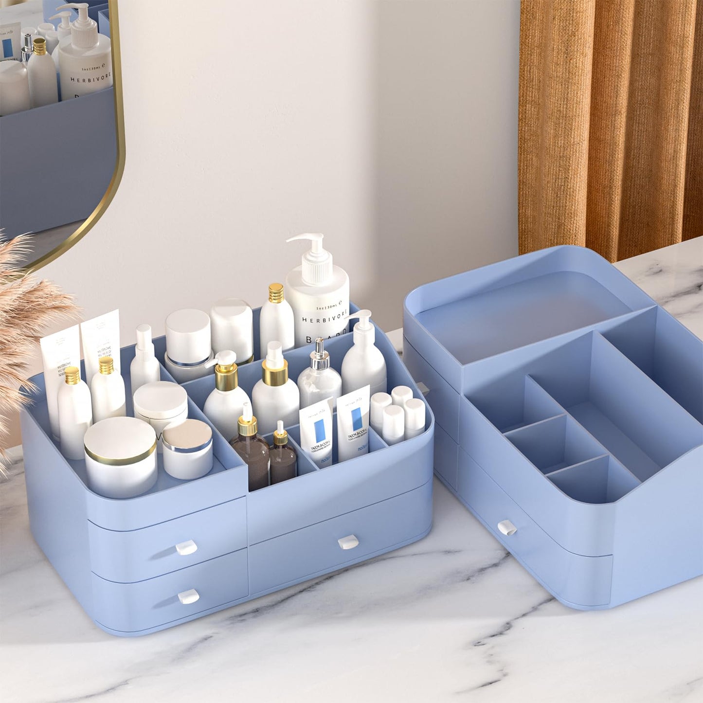 MIUOPUR Makeup Organizer for Vanity, Large Capacity Desk Organizer with Drawers for Cosmetics, Lipsticks, Jewelry, Nail Care, Skincare, Ideal for Bedroom and Bathroom Countertops - Large Blue