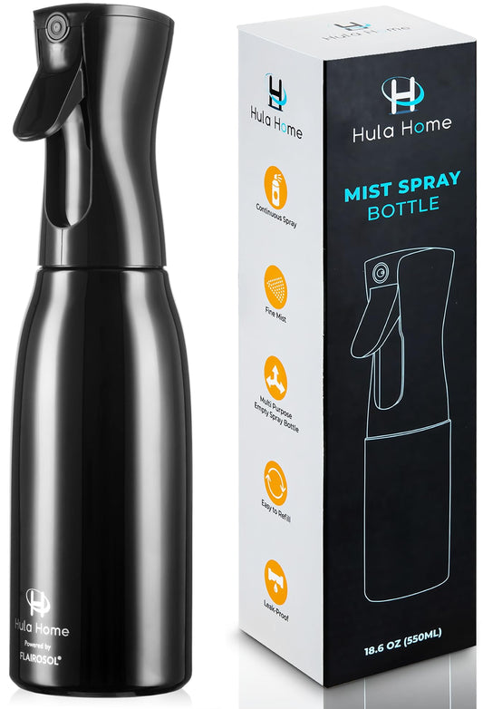 Hula Home Spray Bottle for Hair (20oz/590ml) - Powered by Flairosol® Spray Technology - Continuous Ultra Fine Mist Sprayer – For Hairstyling, Cleaning, Salons, Plants, Essential Oil & More - Black