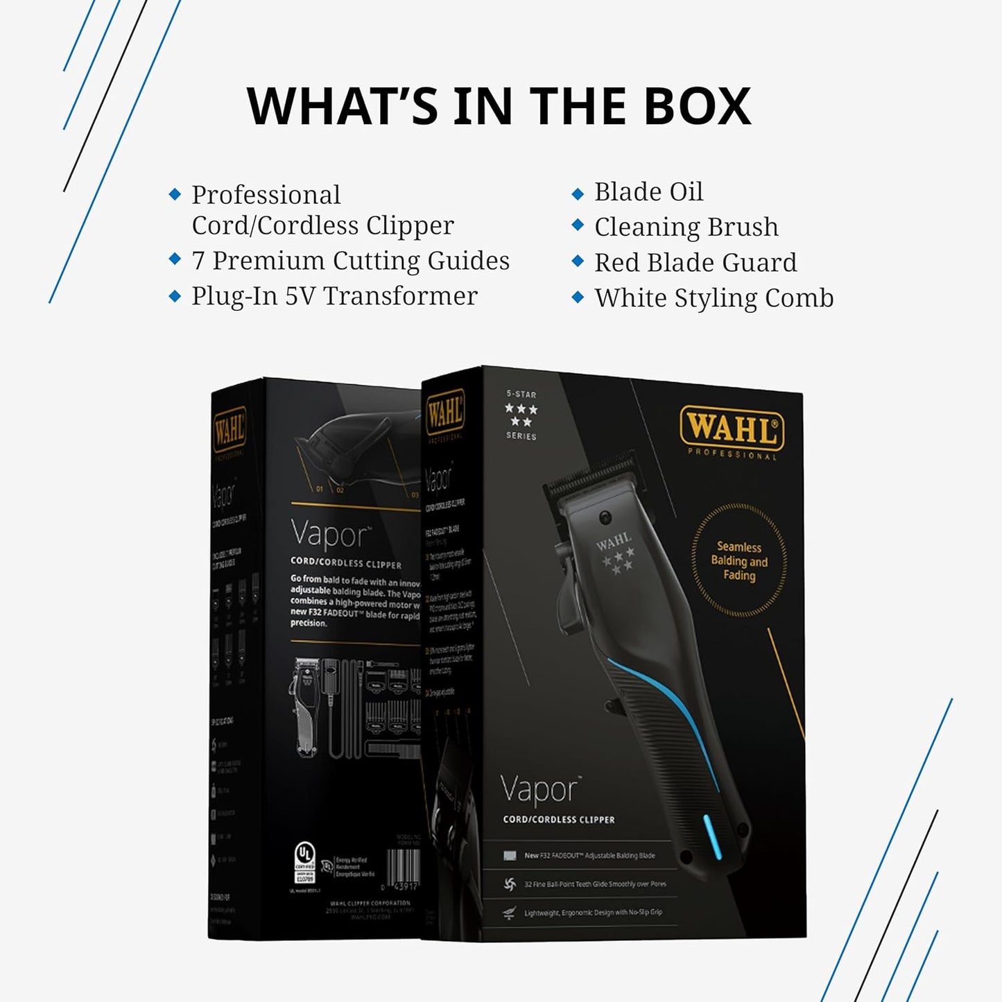 Wahl Professional 5-Star Vapor Clipper - F32 Fadeout Adjustable Blade, Cord/Cordless, Speed Control