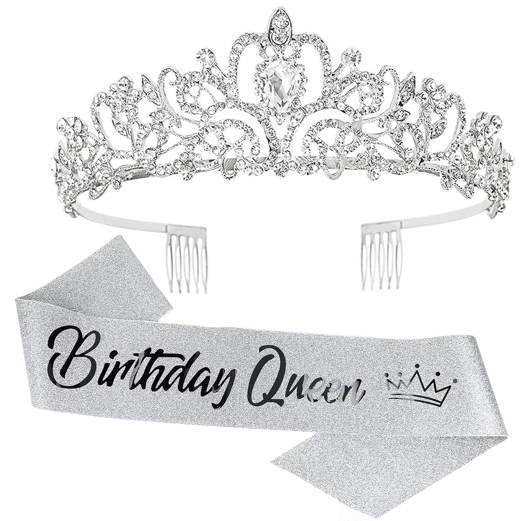 COCIDE "Birthday Queen" Sash and Crystal Tiara Set Tiara and Crowns for Women Birthday Gift for Girl Kit Decorations Set Rhinestone Hair Accessories Glitter Stain Silk Sash for Party