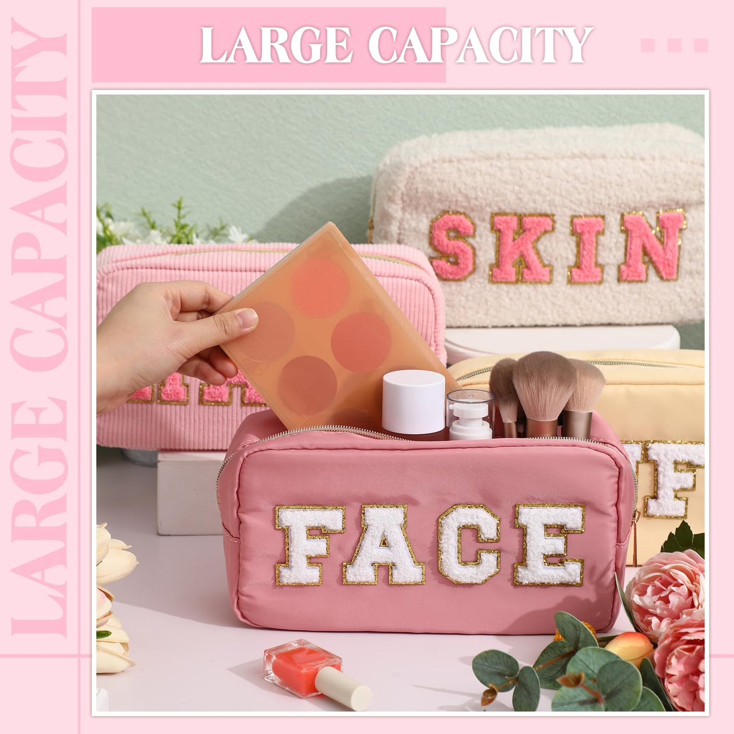 Kajaia 4 Pcs Preppy Makeup Bags Chenille Letter Stuff Bag Cute Cosmetic Pouch Cases for Women Trave Toiletry spend the night(Beige, Powder, Milk White, Pink,Grace)