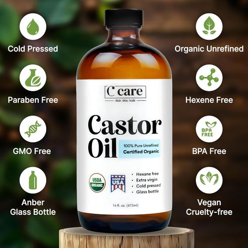 Castor Oil | 100% Pure Organic Cold Pressed | USDA Certified, Hexane Free | 16oz for Hair Growth & Skin Care