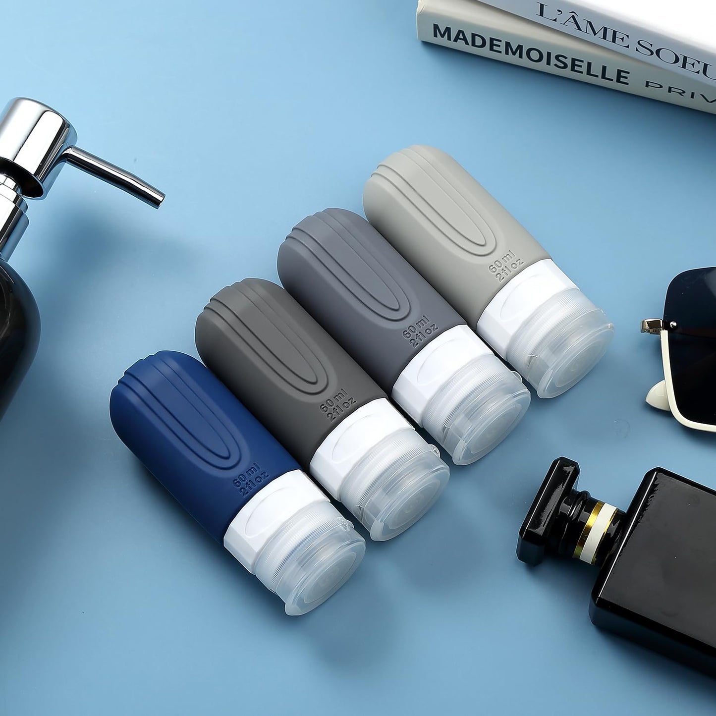 Mrsdry Travel Bottles for Toiletries, Tsa Approved 2oz Travel size Bottles, BPA Free Leak Proof Travel Toiletry Containers, Refillable Travel Accessories with Toiletry Bag for Shampoo Liquid (4 Pack)