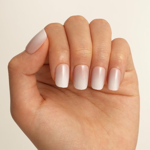 Ellie Vincy Press-On Nails – Baby Boomer Pink White Ombre, Short Square Shape, Reusable Nails in 14 Sizes – 28 Nail Kit with Glue & Sticky Tabs