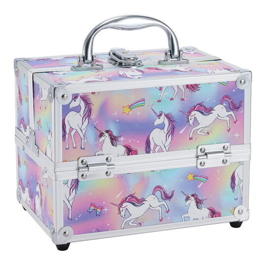 Frenessa Portable Makeup Train Case Cosmetic Box Storage Organizer Nail Polish Box Jewelry Case 4 Trays with Lockable Keys for Artist, Cosmetic, Hairstylist, Women and Girls, Unicorn Rainbow,