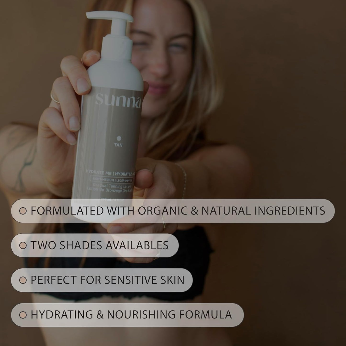 SunnaTan Gradual Self Tanning Lotion - Hydrating Formula with Hyaluronic Acid & Jojoba - Natural Ingredients for a Beautiful Tan (Medium/Dark, 236 ml)