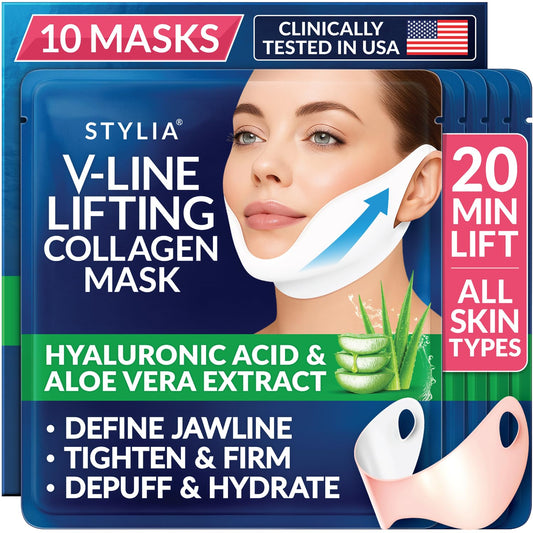 Stylia V Line Lifting Collagen Mask - Firm & Contour Your Jawline - Hyaluronic Acid & Aloe - 10 Pack