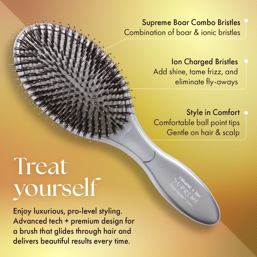 Olivia Garden Ceramic + Ion Supreme Styler Paddle Brush - Boar Bristles for Shine & Frizz Control