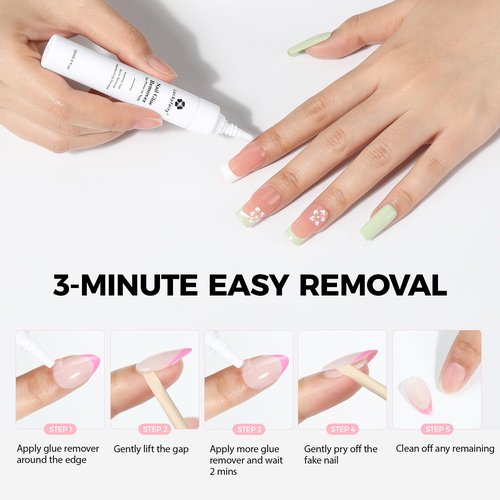 Super Strong Nail Glue for Press On Nails: 10g Semi Nail Glue with 12ml Glue Remover Kit, Quick Dry, No UV Lamp Needed with Gentle Non-Acetone Remover, Long Lasting for Acrylic Fake Nails Tips