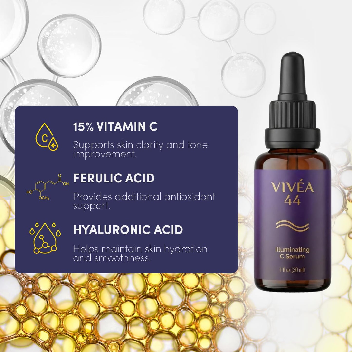 Vivéa Illuminating C Serum - 15% Vitamin C & Hyaluronic Acid for Radiant Skin - 1 fl oz / 30 ml