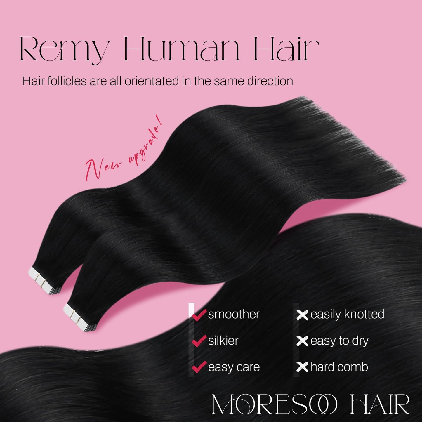 Moresoo Tape in Hair Extensions Black Real Human Hair 20Pcs Tape in Extensions 12 Inch Short Hair Extensions Glue in Real Human Hair 30G Fashion Straight Hair Color #1