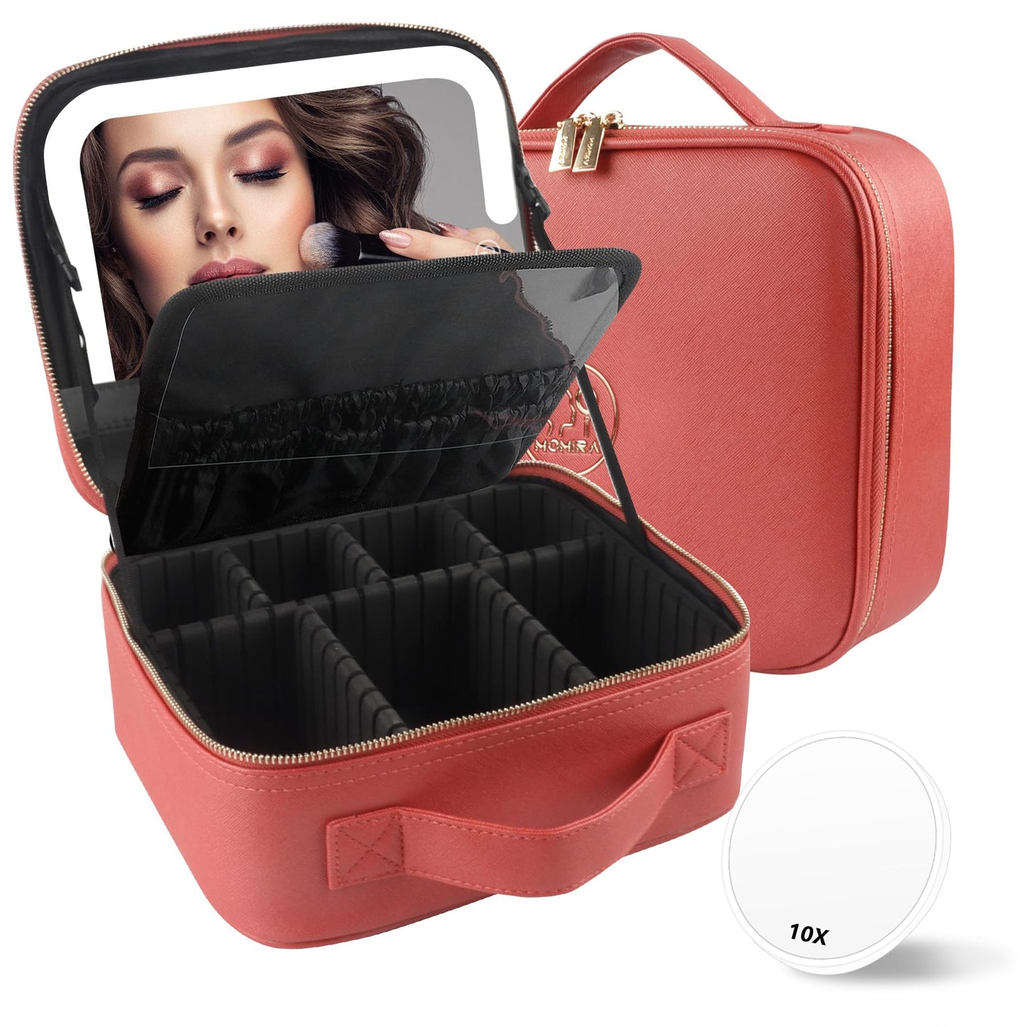 MOMIRA Travel Makeup Bag Cosmetic Bag Makeup Organizer Bag with Large Lighted Mirror 3 Color Scenarios Adjustable Brightness,Red