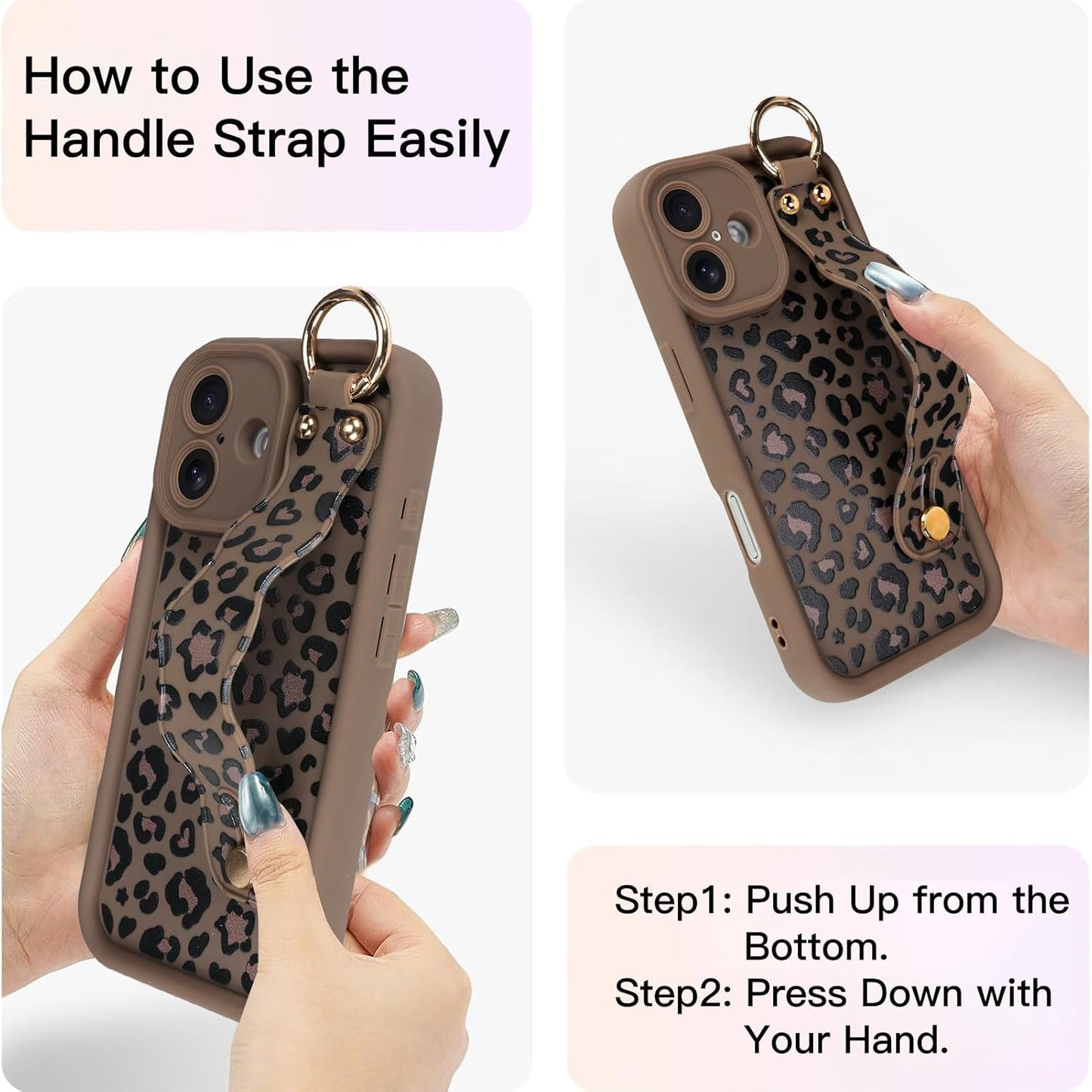 Skiennix iPhone 16 Case - Cute Brown Leopard Design with Finger Strap & Kickstand, Durable Silicone Cover