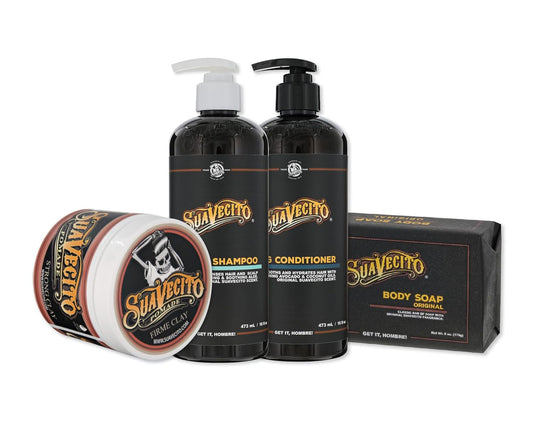 Suavecito Hair & Body Essentials Set | 4-Piece Styling Pomade, Moisturizing Soap, Hydrating Shampoo & Conditioner