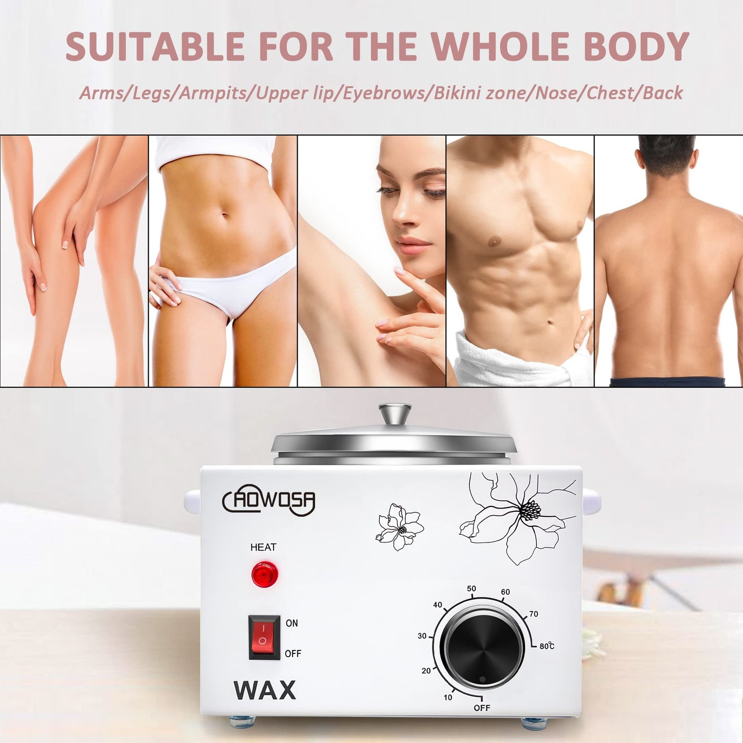 Single Electric Wax Warmer for Hair Removal, Large Paraffin Wax Pot with Adjustable Temperature Set, Facial Skin Body SPA Salon Equipment with 50 Wax Sticks & 20 Collars
