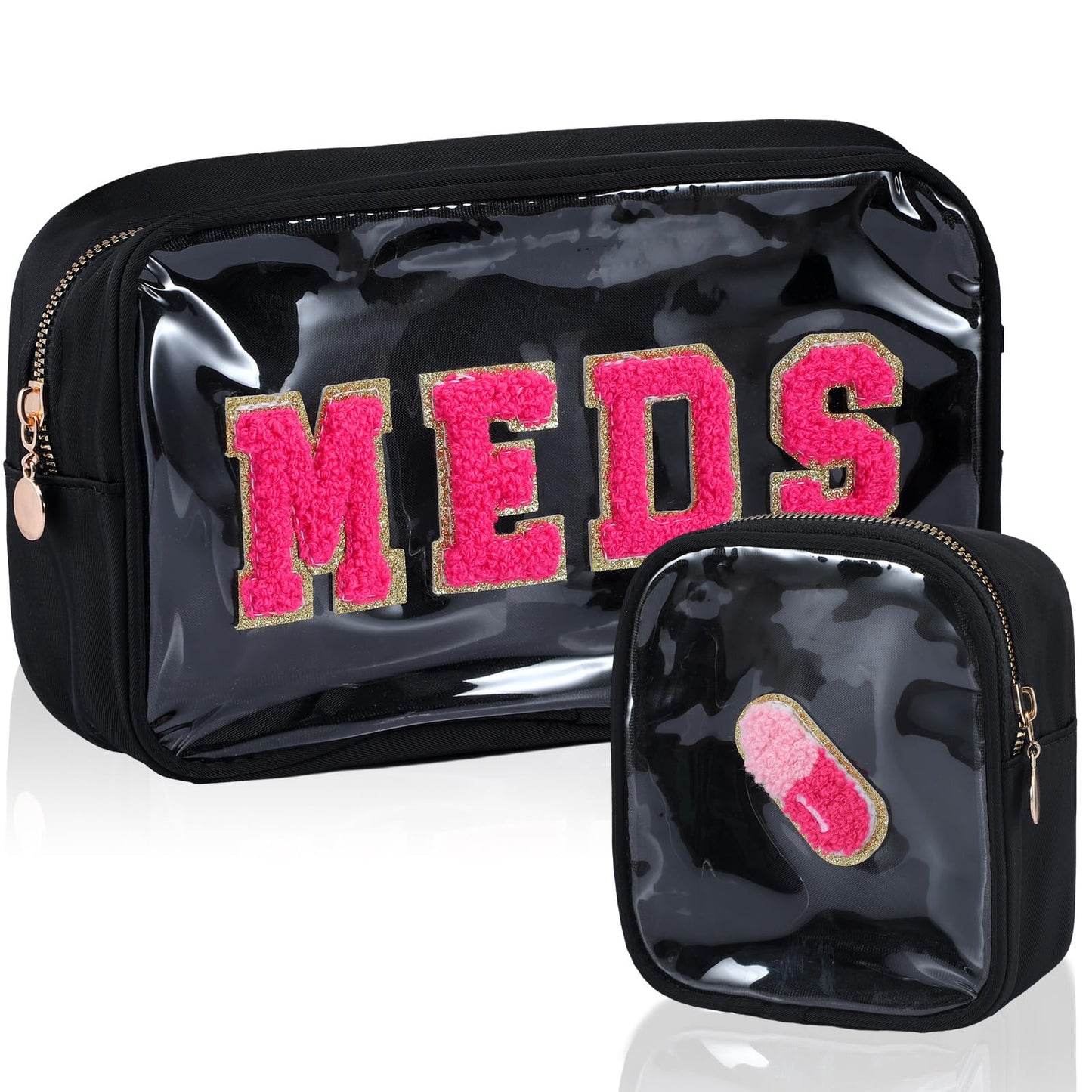 Hillban 2 Pcs Medicine Bag Gifts Chenille Letter Bag Preppy Clear Makeup Meds Nylon Pouch Set PVC Transparent Mini First Aid Christmas Gift for Travel(Basic)