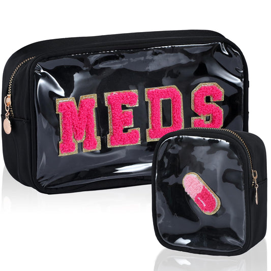 Hillban 2 Pcs Medicine Bag Gifts Chenille Letter Bag Preppy Clear Makeup Meds Nylon Pouch Set PVC Transparent Mini First Aid Christmas Gift for Travel(Basic)