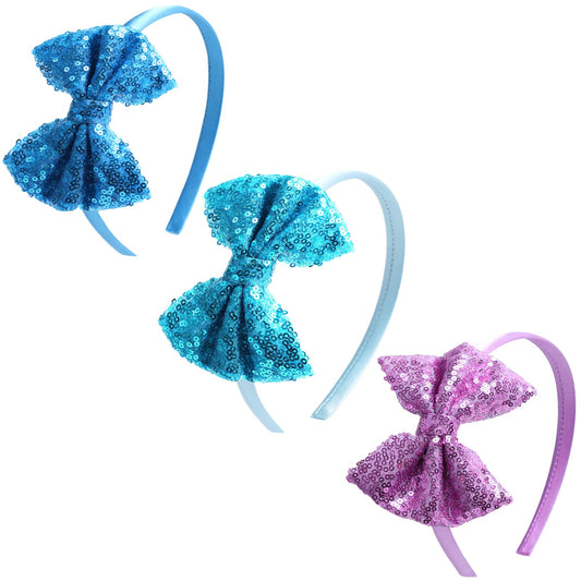 Kiszu Sparkly Sequin Hair Bow Headbands Fashion Glitter Cute Boutique Ribbon Bows for Girls, Kids, and Women (Blue,PGreen,LPurple)