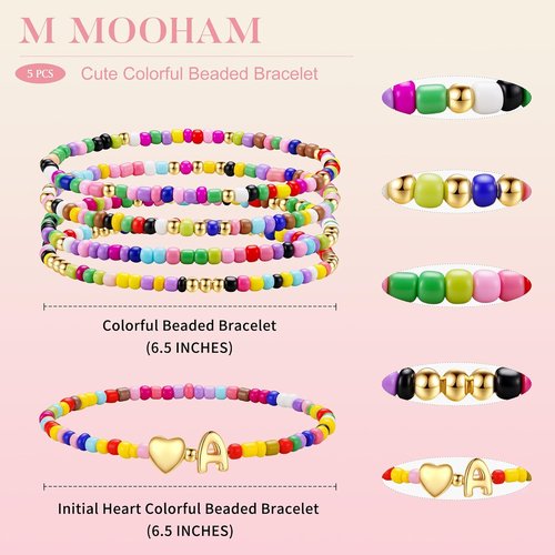 M MOOHAM Colorful Beaded Initial Bracelets - Cute Stretch Heart Jewelry for Girls | 5PCS Set