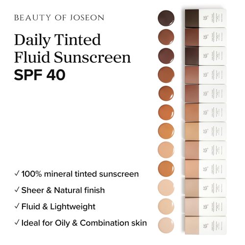 Beauty of Joseon Daily Tinted Fluid Sunscreen - Moisturizing Broad Spectrum SPF 40 | 12 Shades, 50ml
