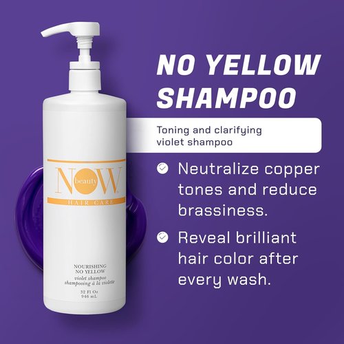 NOW BEAUTY Nourishing No Yellow Violet Shampoo - Hydrate & Remove Brassiness for Blonde Hair - 32 Oz
