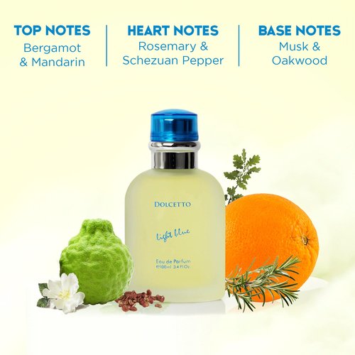 NovoGlow Dolcetto Light Blue Eau De Parfum for Men 3.4 Fl. Oz. 100ml Refreshing Combination of Woody Floral & Aquatic Fragrance - Scent Lasts All Day A Gift for Any Occasion