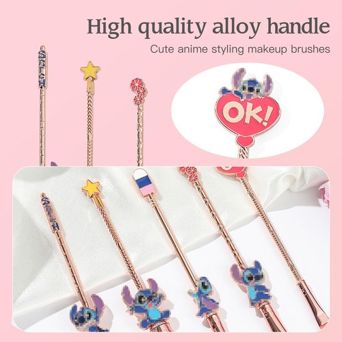 5Pcs Stich Theme Cosmetic Brushes Set, Stich Makeup Brushes Set, Stich Stuff for Young Girl Women- 5pcs Pink