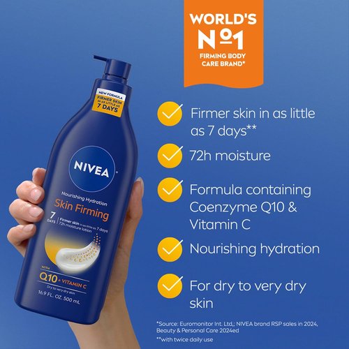 NIVEA Nourishing Hydration Body Lotion - Firming Q10 & Vitamin C, 16.9 Fl Oz Pump for Dry Skin