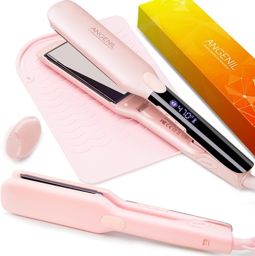 ANGENIL Pro Round Pink Hair Straightener - Dual Voltage Titanium Flat Iron & Curler 2 in 1 | Fast Heat Up, LCD Display