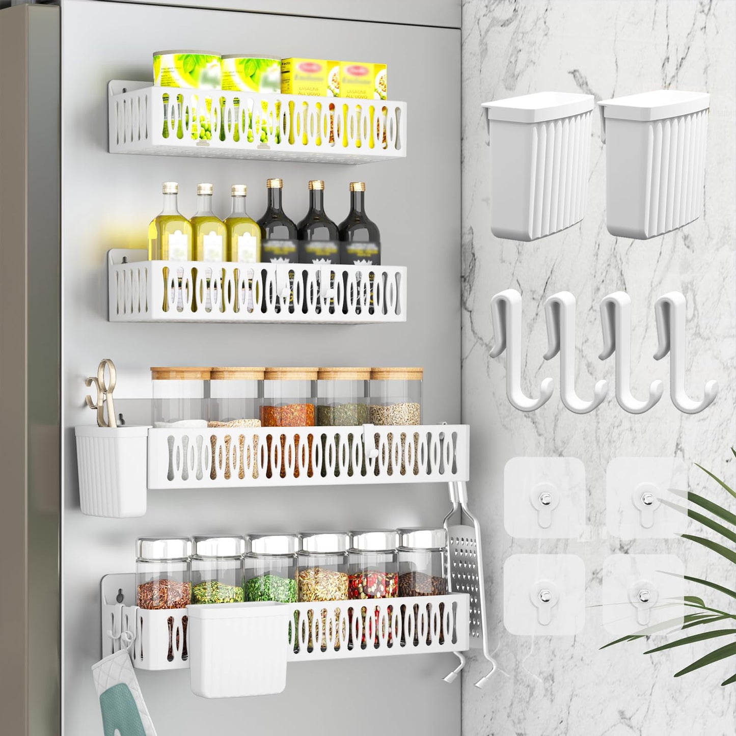 4 Pack Strong Magnetic Spice Rack for Refrigerator, Multipurpose Magnetic Shelf for Fridge with 4 Hooks for kitchen and Bathroom Organization, Black