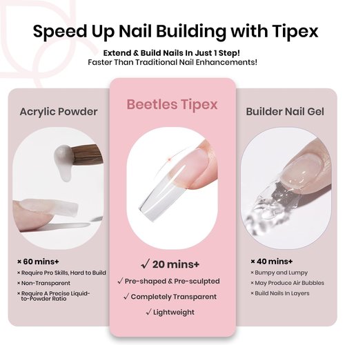 Beetles Tipex Instant Apex Nail Tips, Long Square, 16 Sizes |00–14, 192pcs, Built-In Apex, No Builder Gel Required, Thicker Strong Acrylic Tips for DIY Nail Extensions