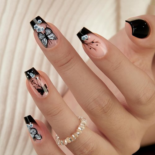 Curvlife 30pcs Press on Nails, Acrylic Fake Nail with Apricot Design, Full Cover False Nails Tips Glossy Nude Glue on Nails Artificial Stick on Nails for Women (black butterfly nails, Medium)