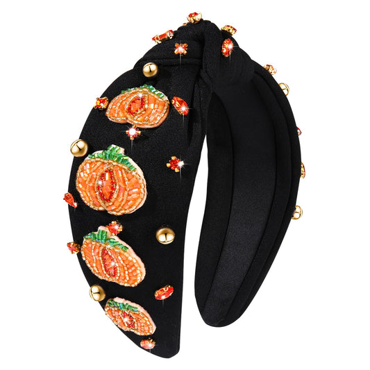 Halloween Headband Accessories for Women Crystal Pearl Knotted Headband Embellished Beaded Pumpkin Candy Corn Boo Headbands Rhinestone Jeweled Wide Top Knot Headband Costume Party Favors (Pumpkin)