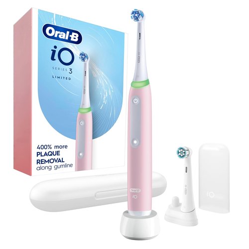 Oral-B iO3 Limited Rechargeable Electric Toothbrush - Deep Clean with 3 Modes & Visual Pressure Sensor | Azalea Pink, 2 Brush Heads & Travel Case