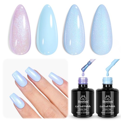 Beetles Gel Nail Polish Set - 2 Colors 15ml Baby Blue Sheer Glitter Purple Soak Off UV Light Blue Gel Polish Set Ethereal Dreams Nail Art Kit DIY Home