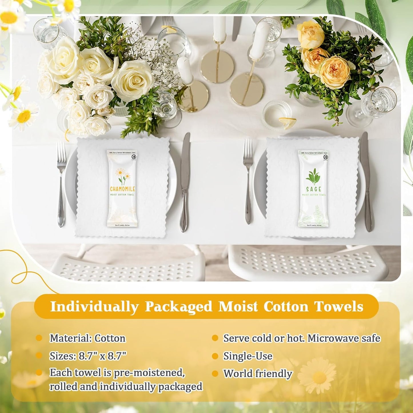 Timgle Moist Towelettes - 50 Individually Wrapped Scented Disposable Face Towels | Essential Oil Infused, Hot/Cold Use (Sage, Chamomile)
