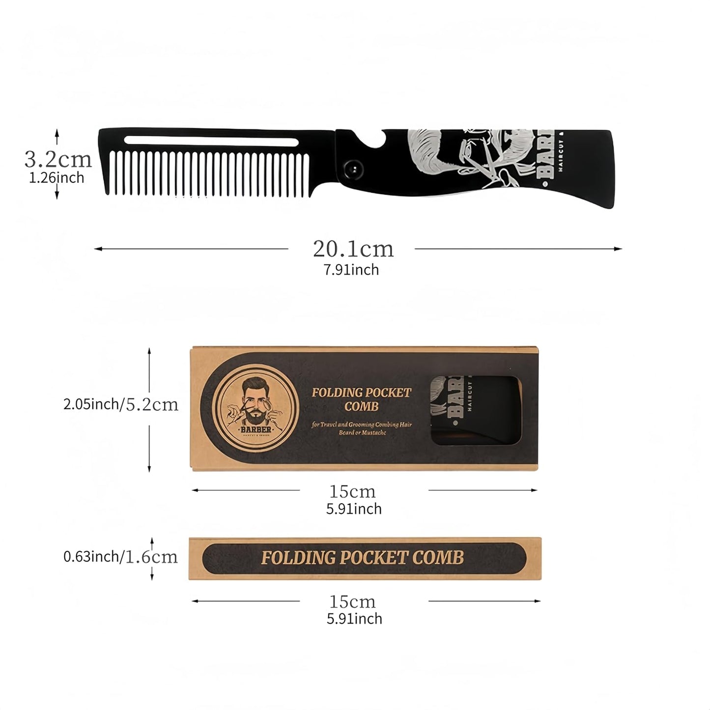 Skiennix Men's Metal Folding Pocket Beard & Mustache Comb - EDC Knife Comb with Bottle Opener | Anti-Static for Stylish Haircuts - Black