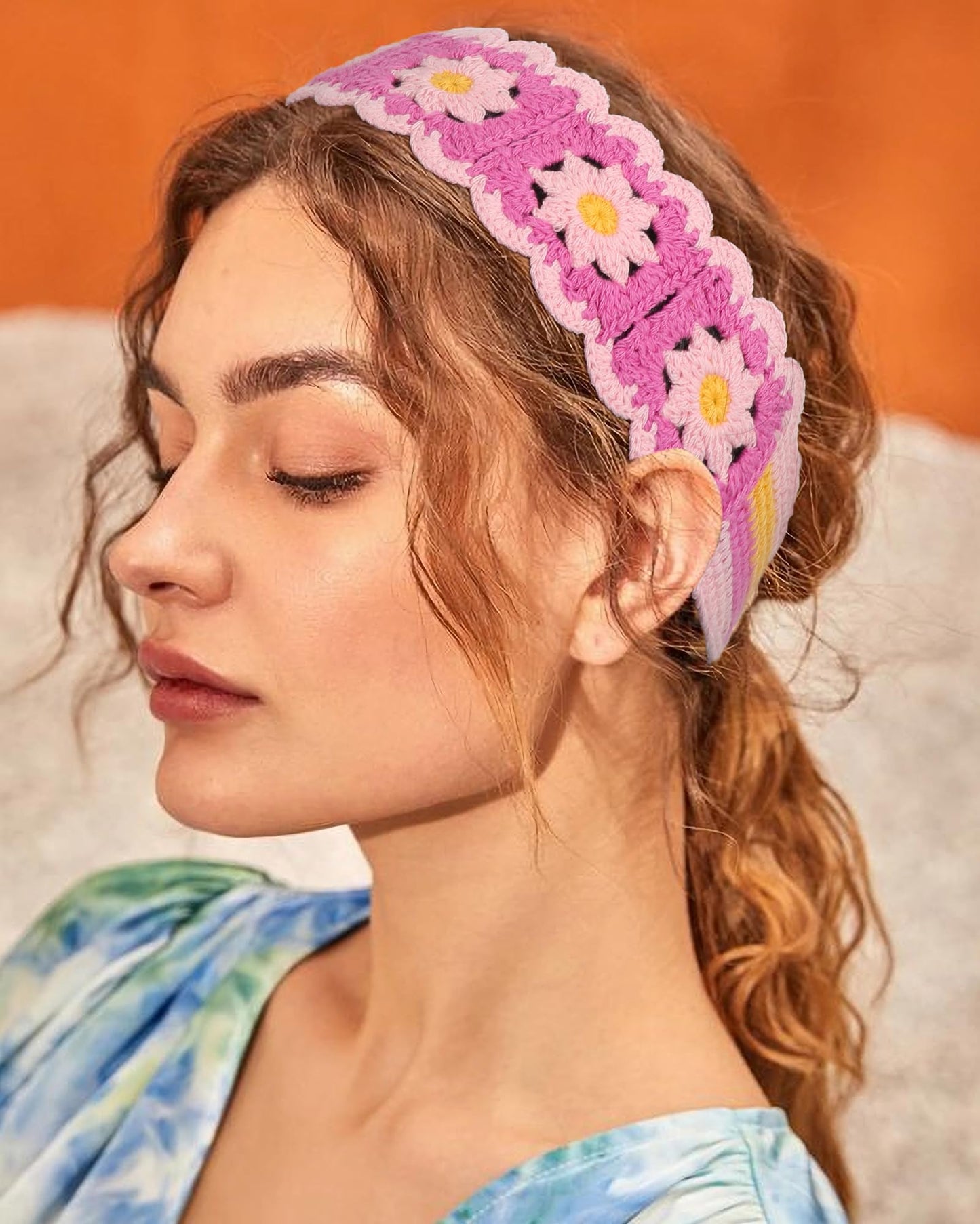 HAIMEIKANG Hippie Hair Bandanas Headbands for Women Boho Headband Knit Hair Bands Floral Head Wrap for Girls(Red+Blue+Pink)