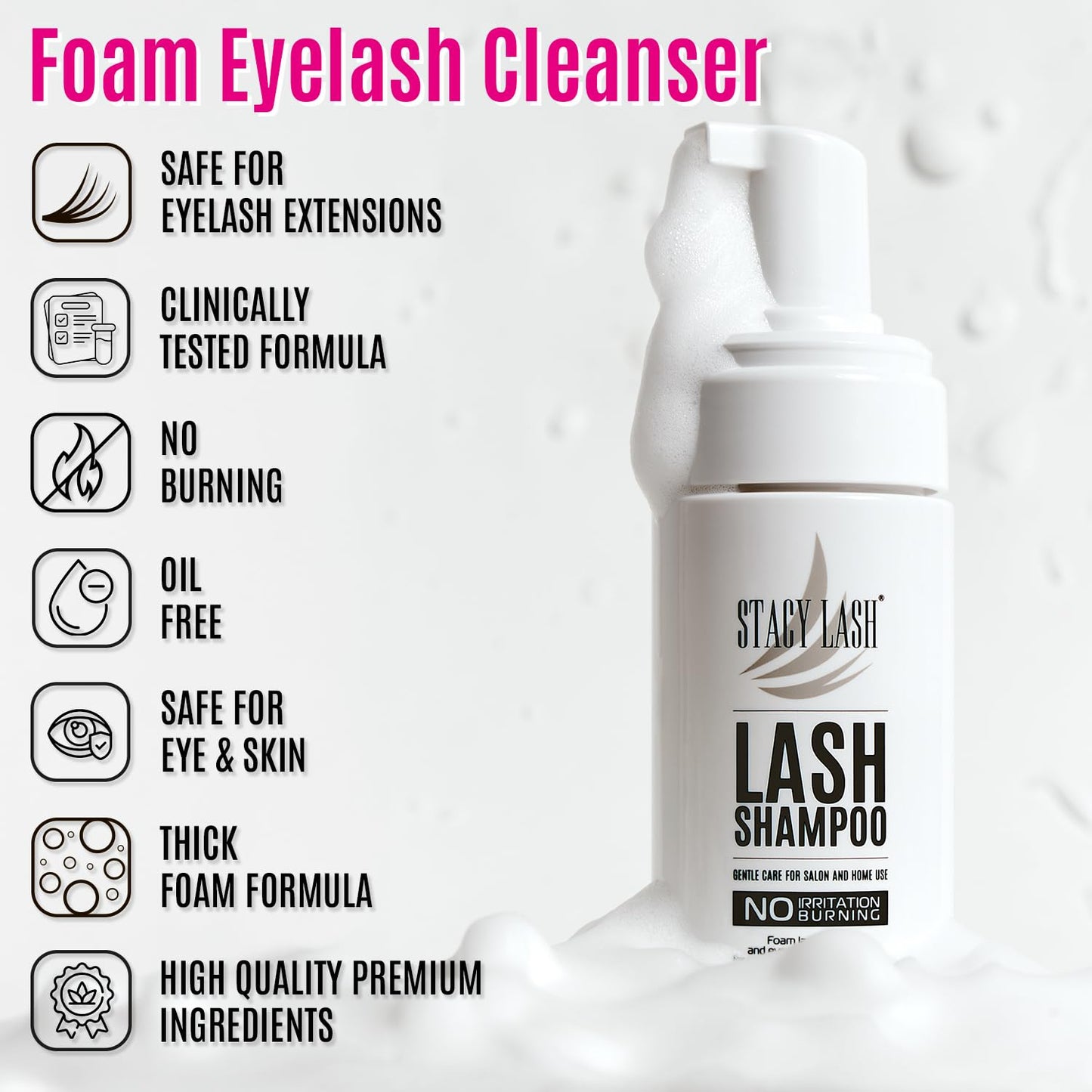 Stacy Lash Foaming Lash Shampoo Kit - 50ml Cleanser with Spoolies, Rinse Bottle & Brush for Extensions