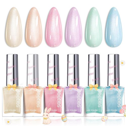 Beetles Nail Polish Set, 6 Colors Pearl Nail Polish Kit Pastel Pearl Shimmer Pink Orange Blue Green Dreamy Swirl Quick Dry Fingernail Polish Gifts for Women Salon DIY Manicure Kit - Easter Nails Art