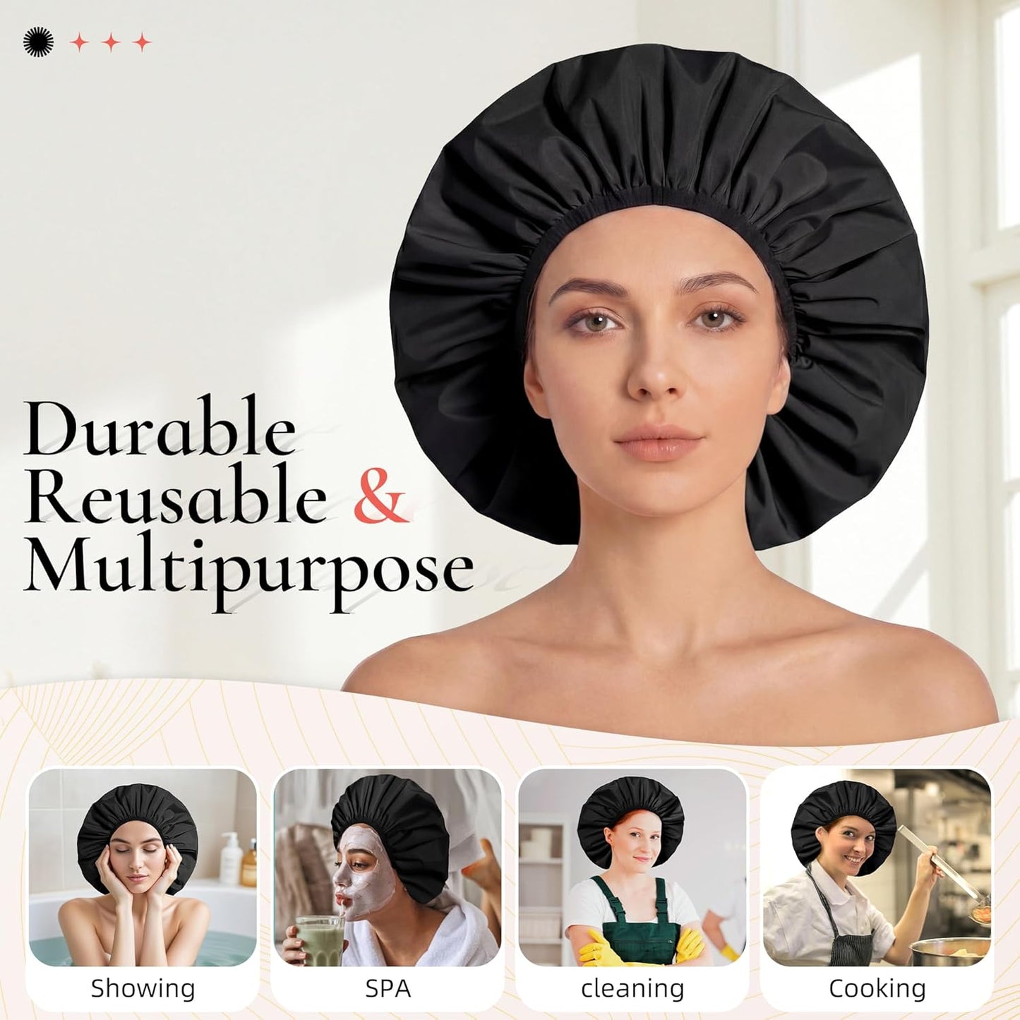 Skiennix Extra Large Shower Cap - Reusable Waterproof Jumbo Bath Hair Bonnet for Thick Curly Hair | Black