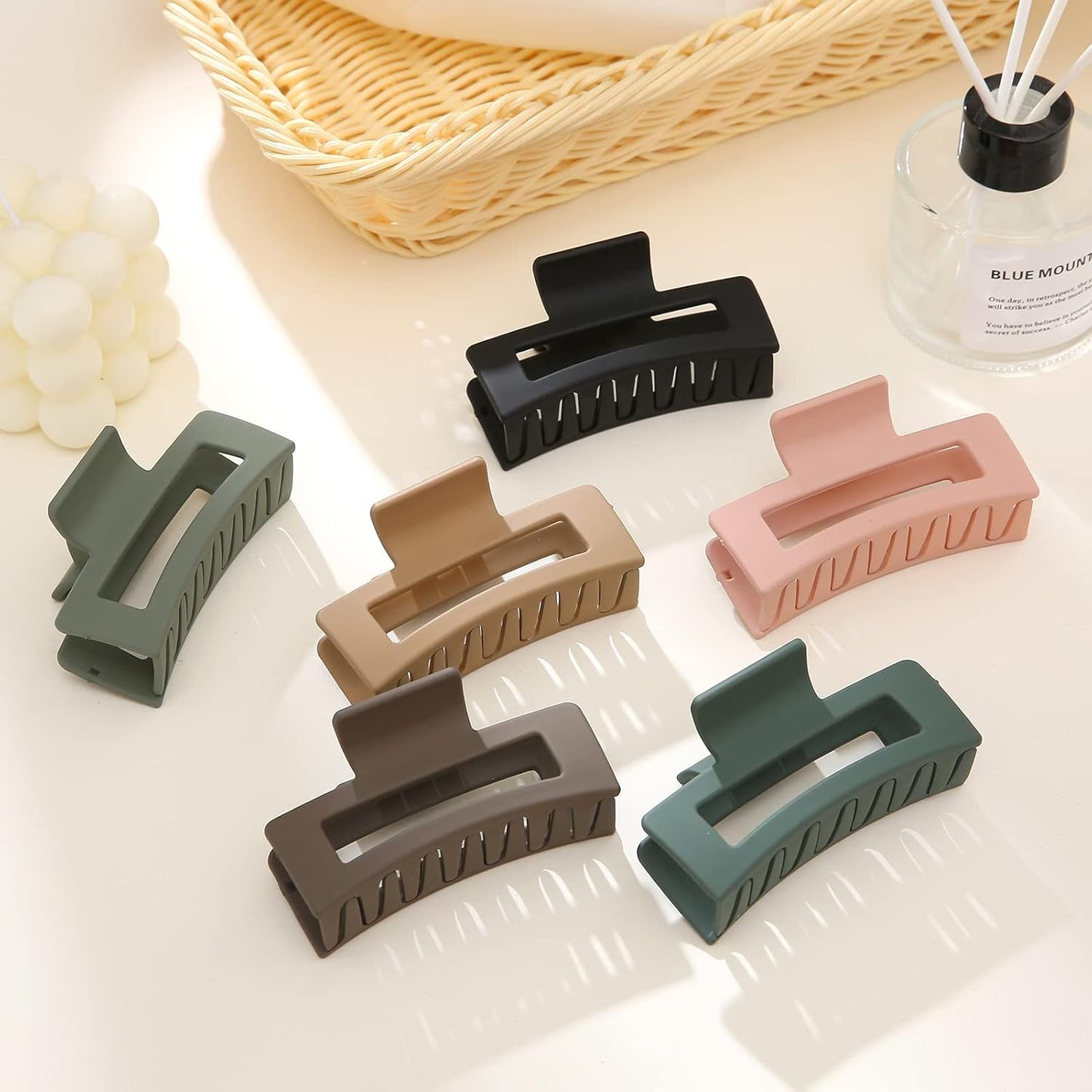 6 Pack Square Claw for Women Girls, 3.5" Medium Non-slip Rectangular Matte Clips Strong Hold Jumbo Hair Styling Accessories, Cool